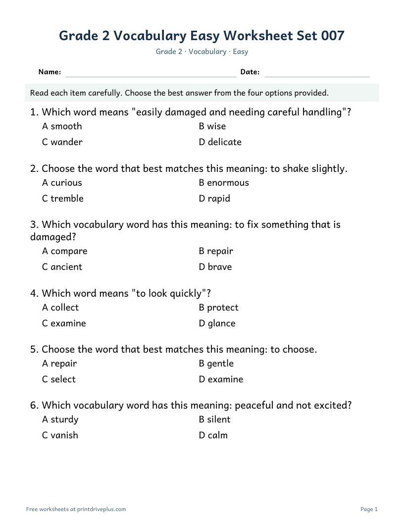 Preview of Grade 2 Vocabulary Easy Worksheet Set 007