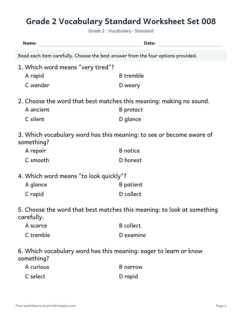 Preview of Grade 2 Vocabulary Standard Worksheet Set 008