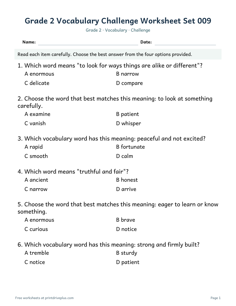 Preview of Grade 2 Vocabulary Challenge Worksheet Set 009