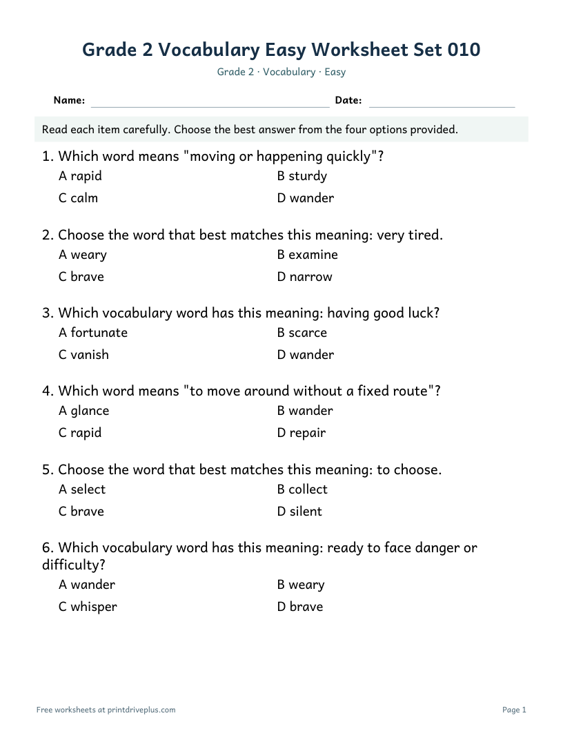 Preview of Grade 2 Vocabulary Easy Worksheet Set 010