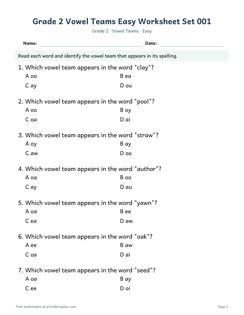 Preview of Grade 2 Vowel Teams Easy Worksheet Set 001