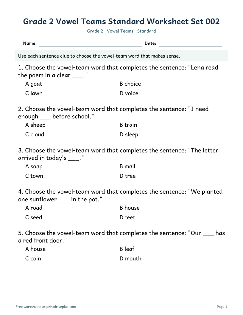 Preview of Grade 2 Vowel Teams Standard Worksheet Set 002