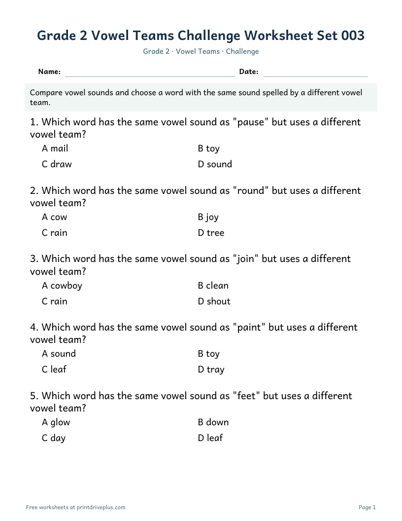 Preview of Grade 2 Vowel Teams Challenge Worksheet Set 003
