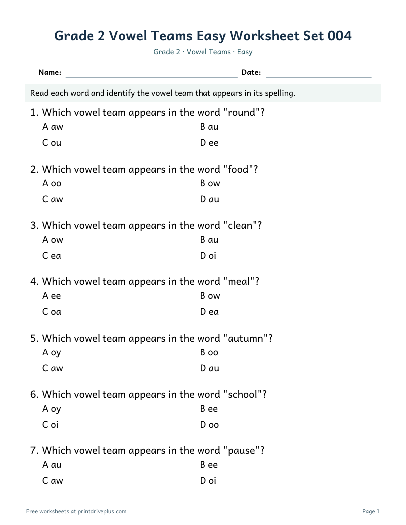 Preview of Grade 2 Vowel Teams Easy Worksheet Set 004