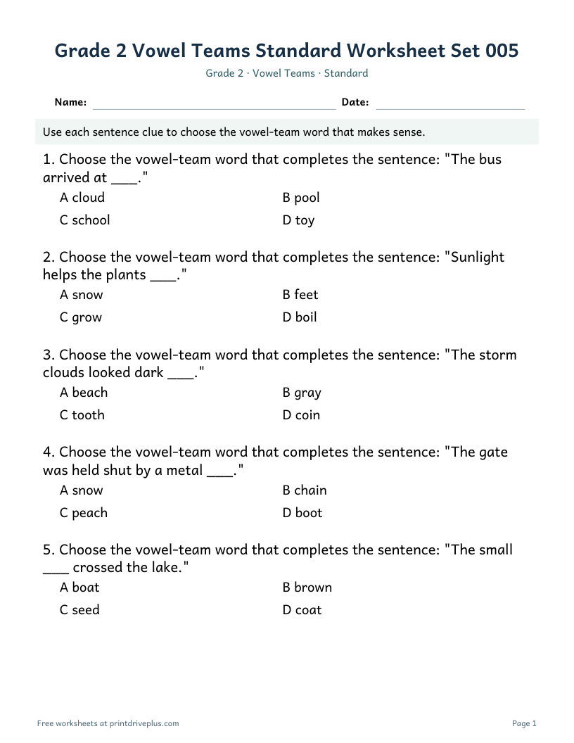 Preview of Grade 2 Vowel Teams Standard Worksheet Set 005