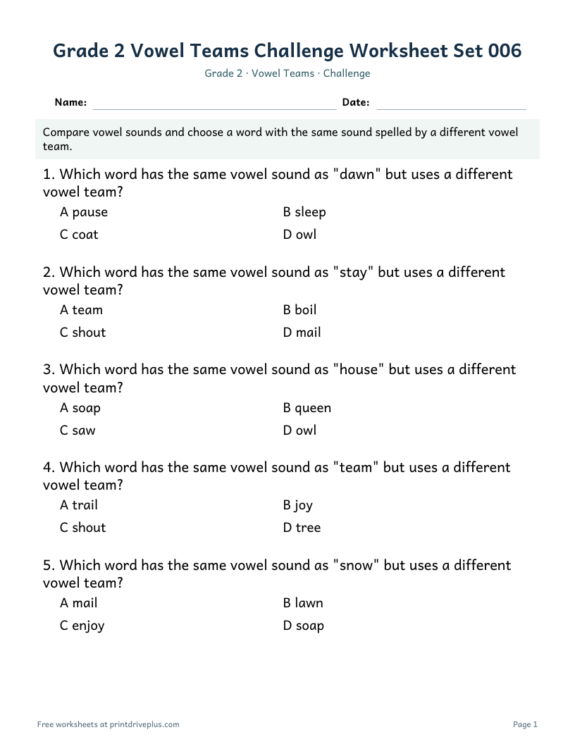 Preview of Grade 2 Vowel Teams Challenge Worksheet Set 006