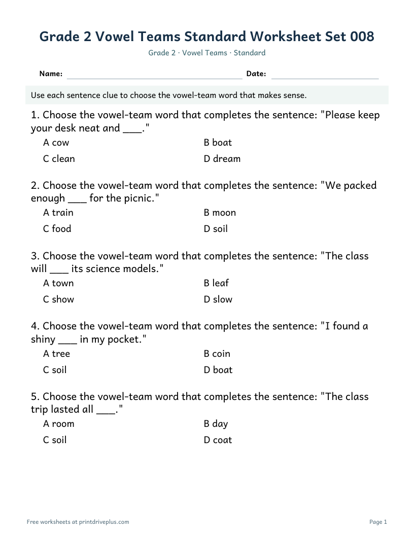 Preview of Grade 2 Vowel Teams Standard Worksheet Set 008
