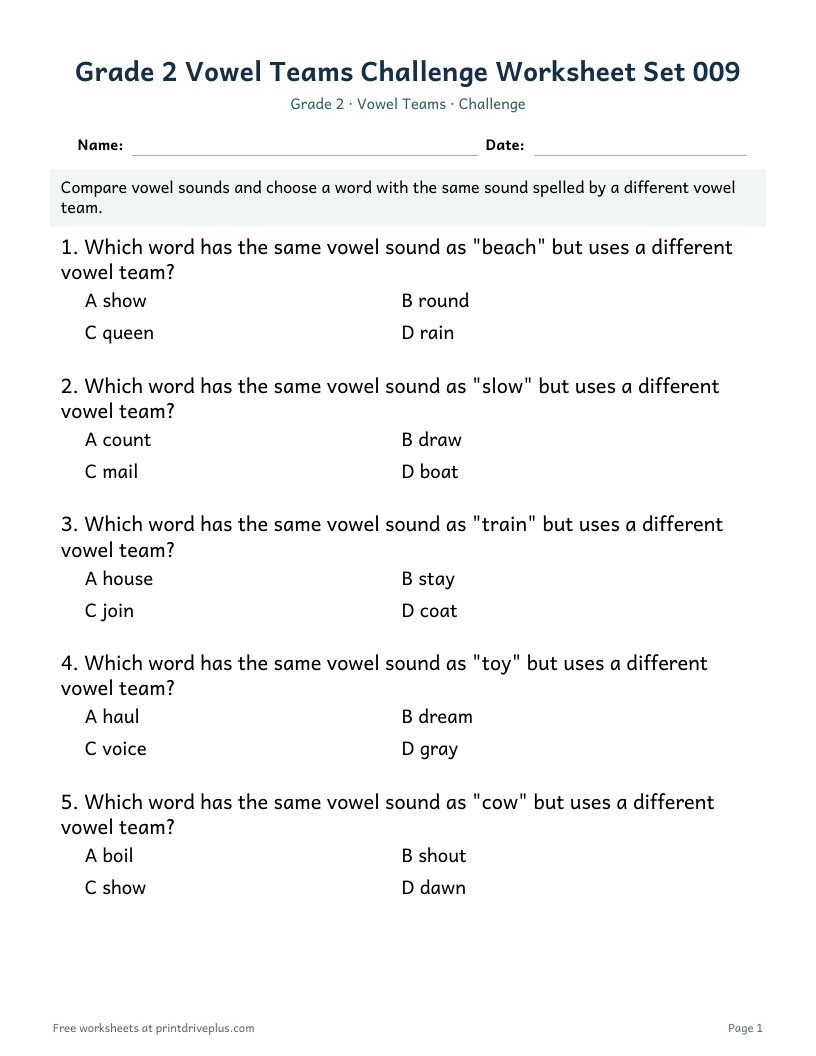 Preview of Grade 2 Vowel Teams Challenge Worksheet Set 009