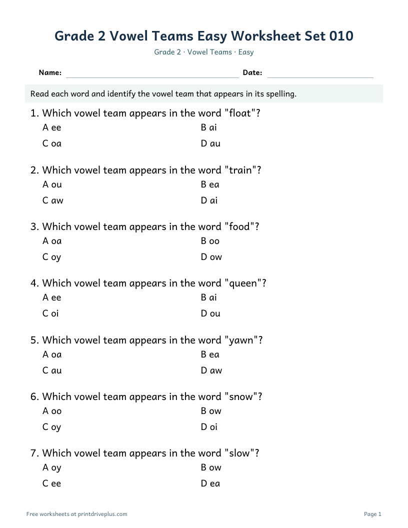 Preview of Grade 2 Vowel Teams Easy Worksheet Set 010