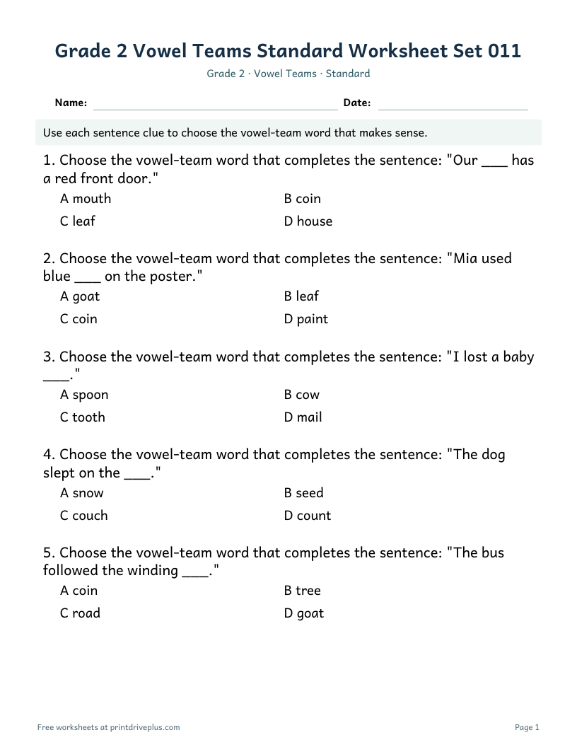 Preview of Grade 2 Vowel Teams Standard Worksheet Set 011