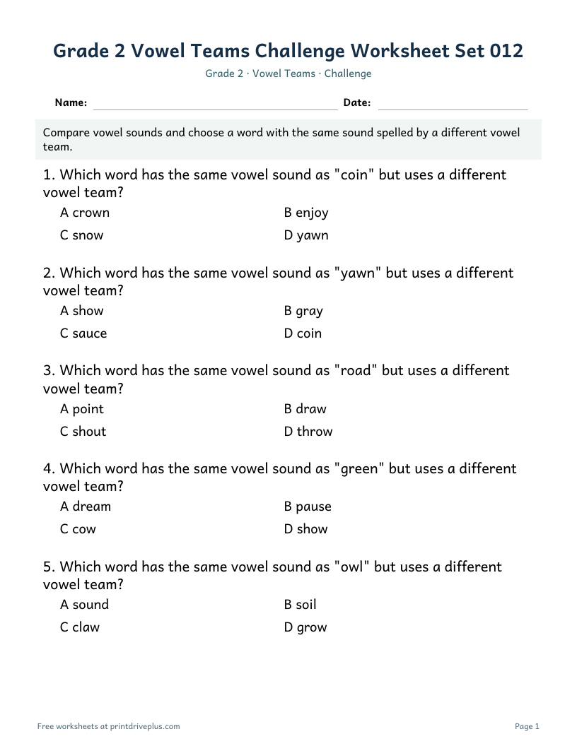 Preview of Grade 2 Vowel Teams Challenge Worksheet Set 012