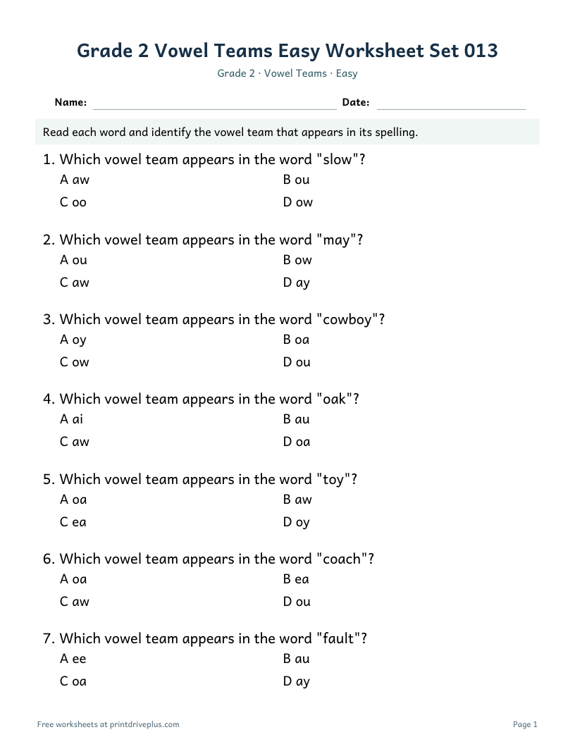 Preview of Grade 2 Vowel Teams Easy Worksheet Set 013