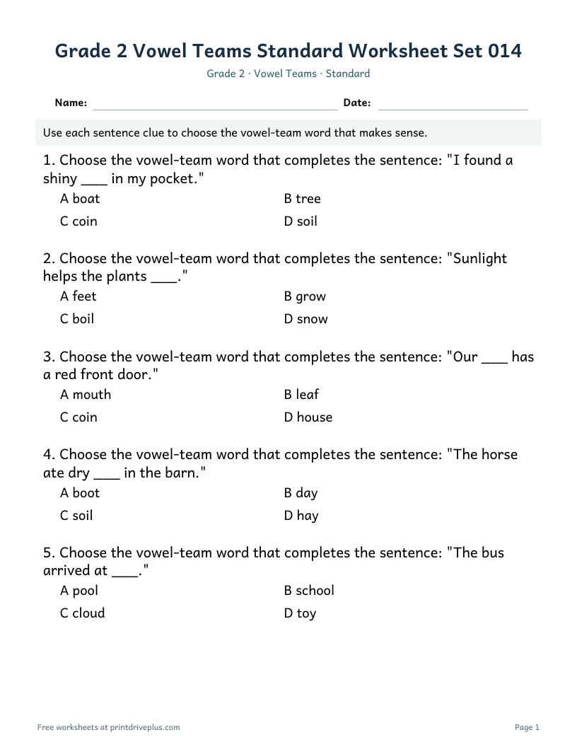 Preview of Grade 2 Vowel Teams Standard Worksheet Set 014