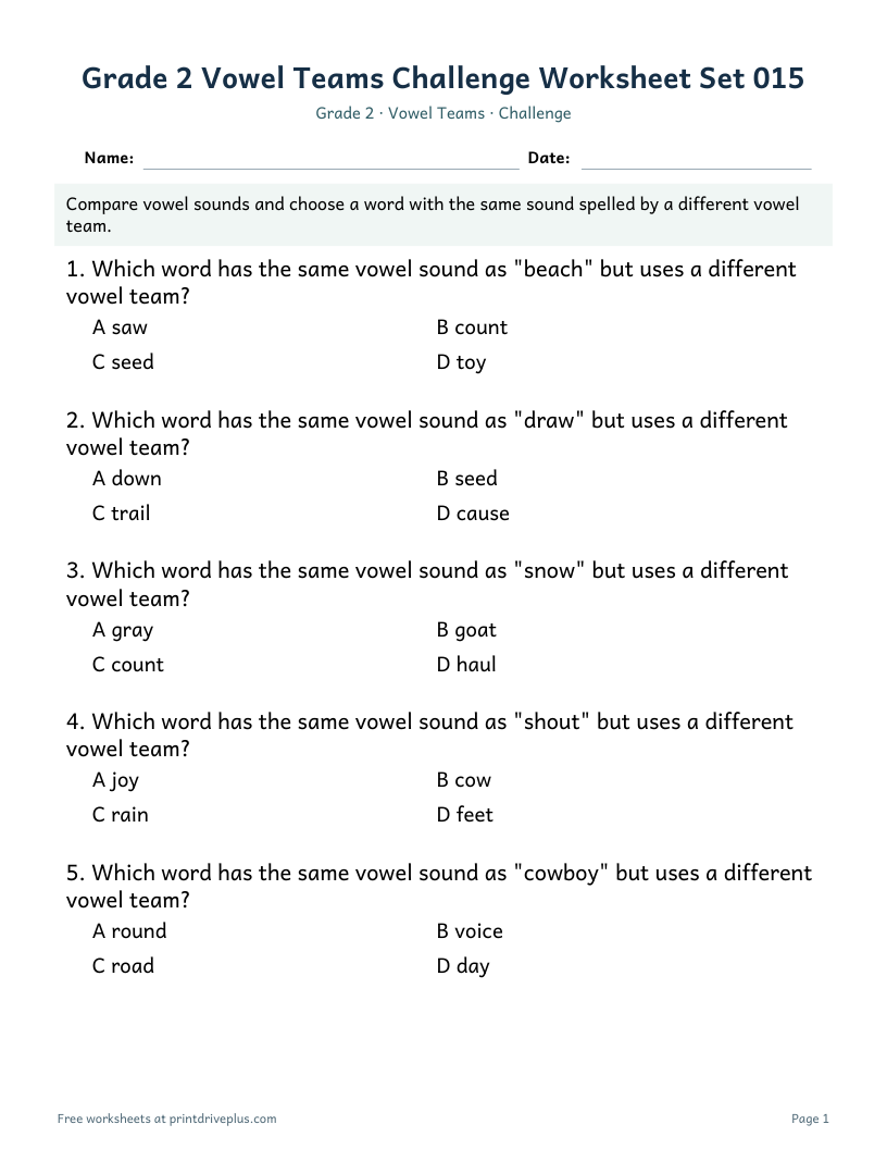 Preview of Grade 2 Vowel Teams Challenge Worksheet Set 015