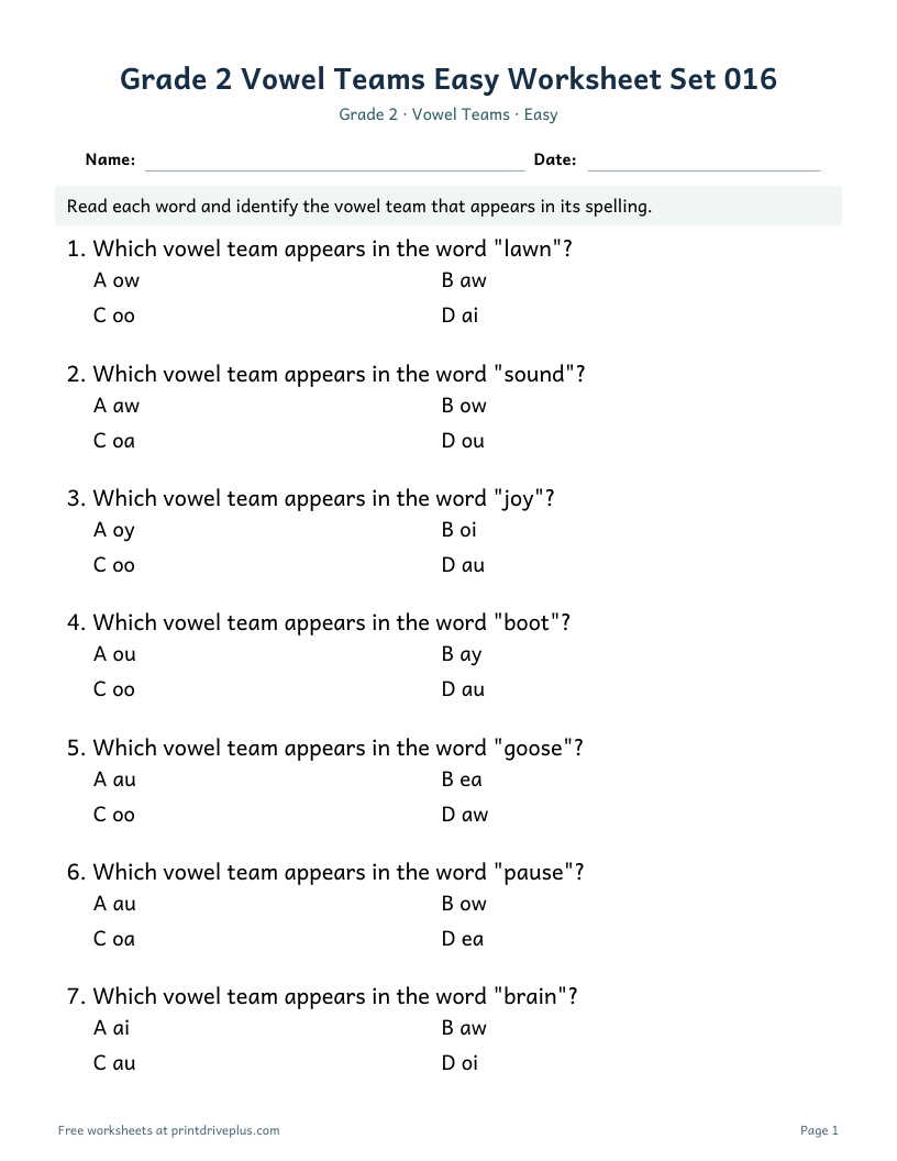 Preview of Grade 2 Vowel Teams Easy Worksheet Set 016