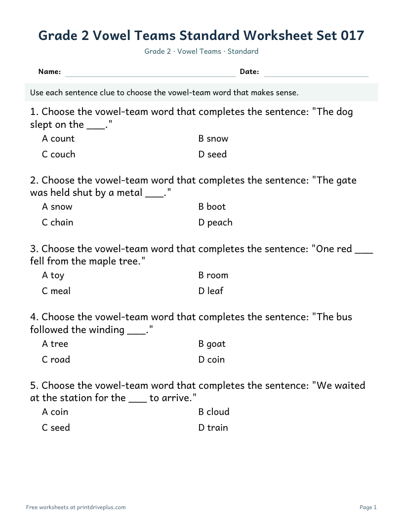 Preview of Grade 2 Vowel Teams Standard Worksheet Set 017