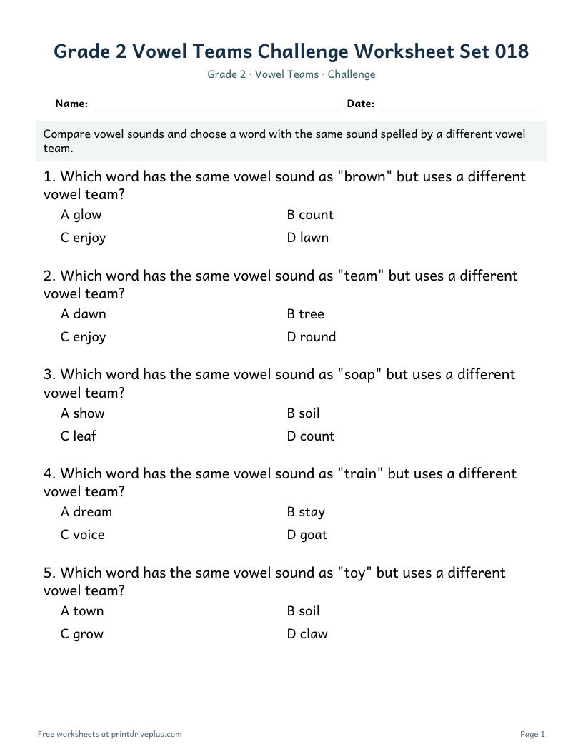 Preview of Grade 2 Vowel Teams Challenge Worksheet Set 018