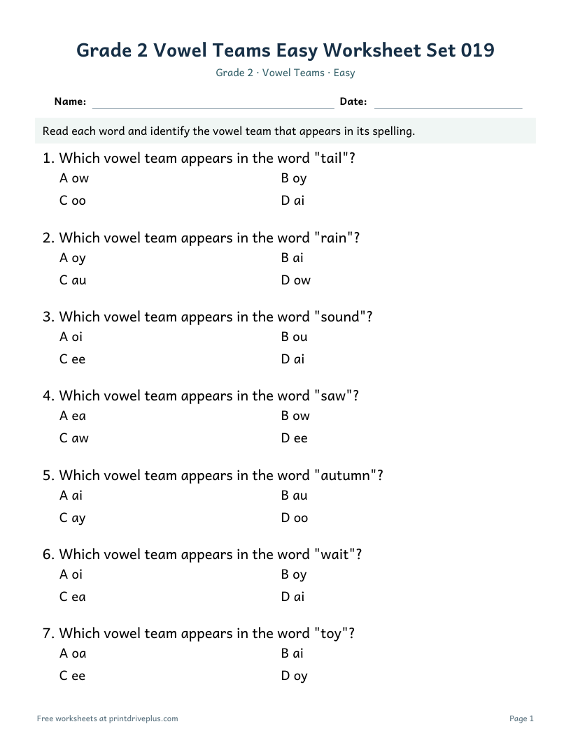 Preview of Grade 2 Vowel Teams Easy Worksheet Set 019