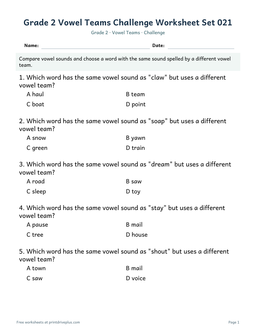 Preview of Grade 2 Vowel Teams Challenge Worksheet Set 021