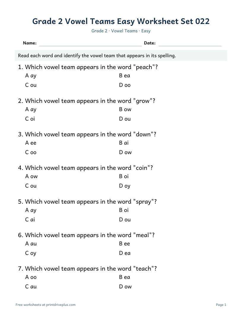 Preview of Grade 2 Vowel Teams Easy Worksheet Set 022
