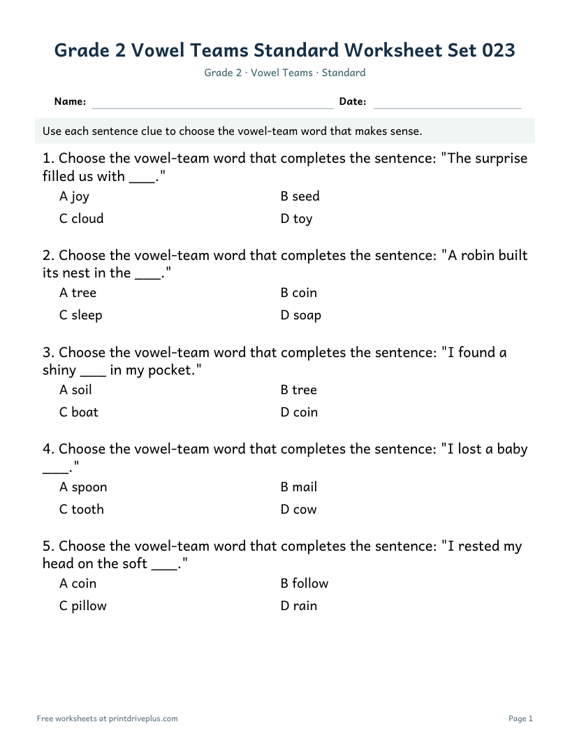 Preview of Grade 2 Vowel Teams Standard Worksheet Set 023