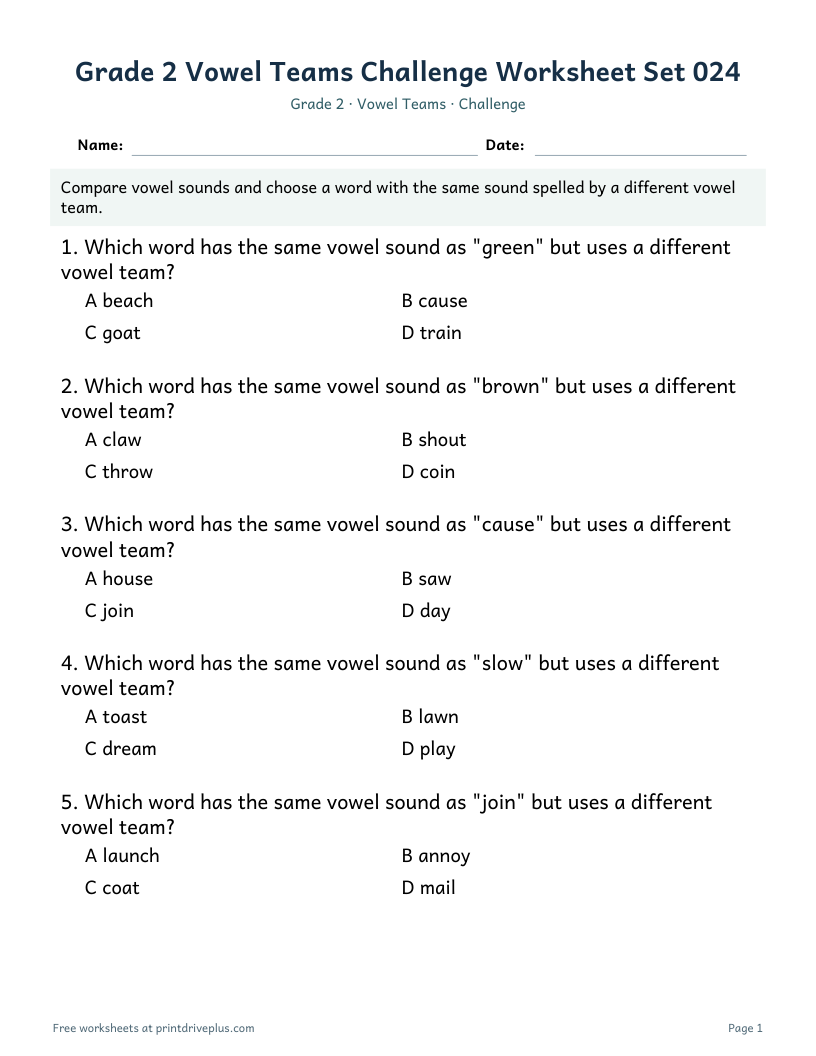 Preview of Grade 2 Vowel Teams Challenge Worksheet Set 024