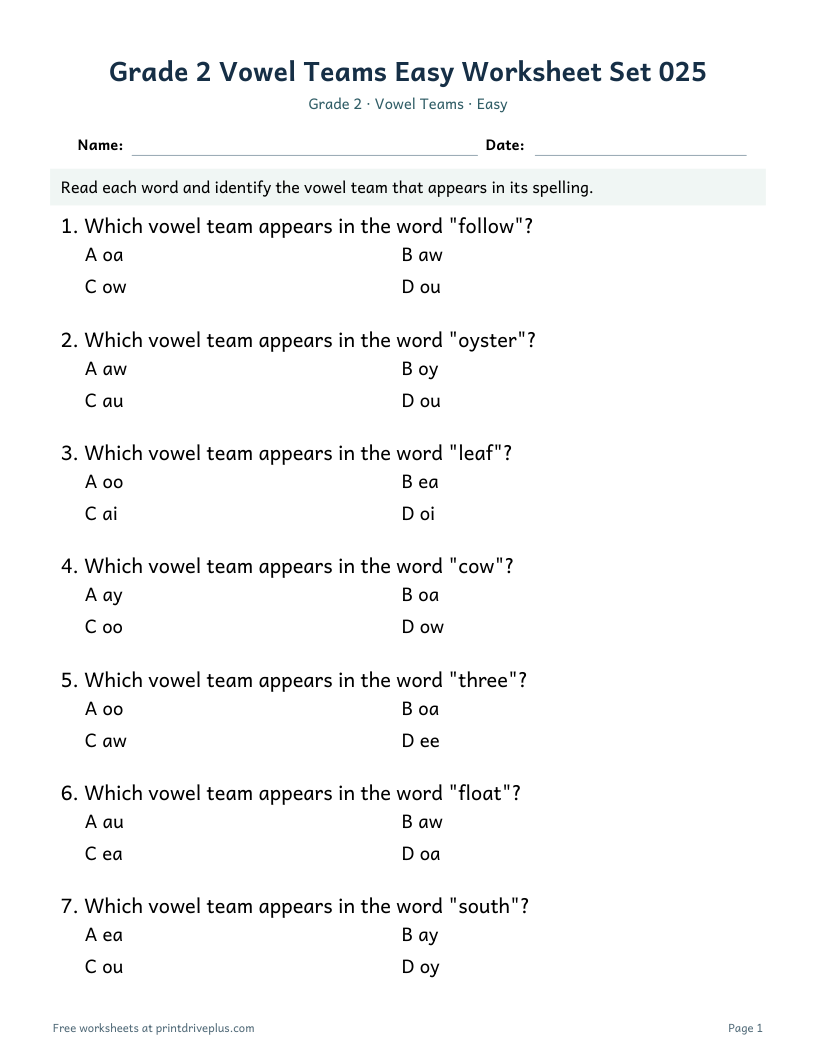 Preview of Grade 2 Vowel Teams Easy Worksheet Set 025