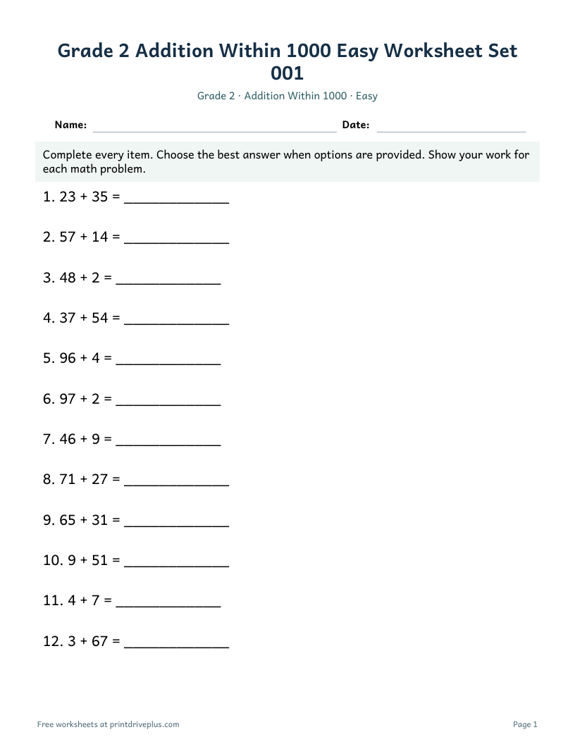 Preview of Grade 2 Addition Within 1000 Easy Worksheet Set 001