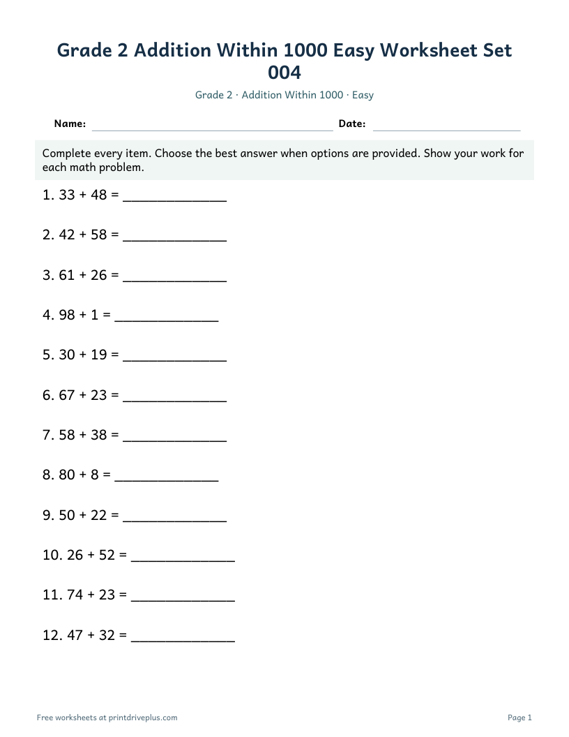 Preview of Grade 2 Addition Within 1000 Easy Worksheet Set 004