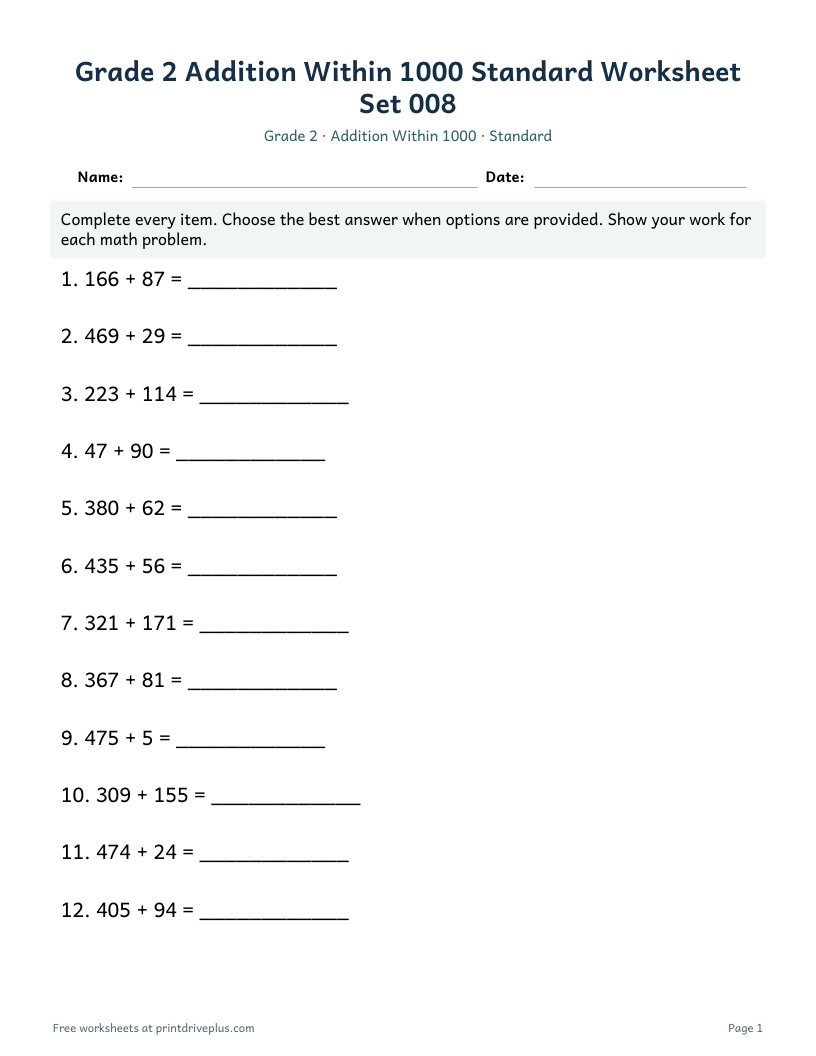 Preview of Grade 2 Addition Within 1000 Standard Worksheet Set 008