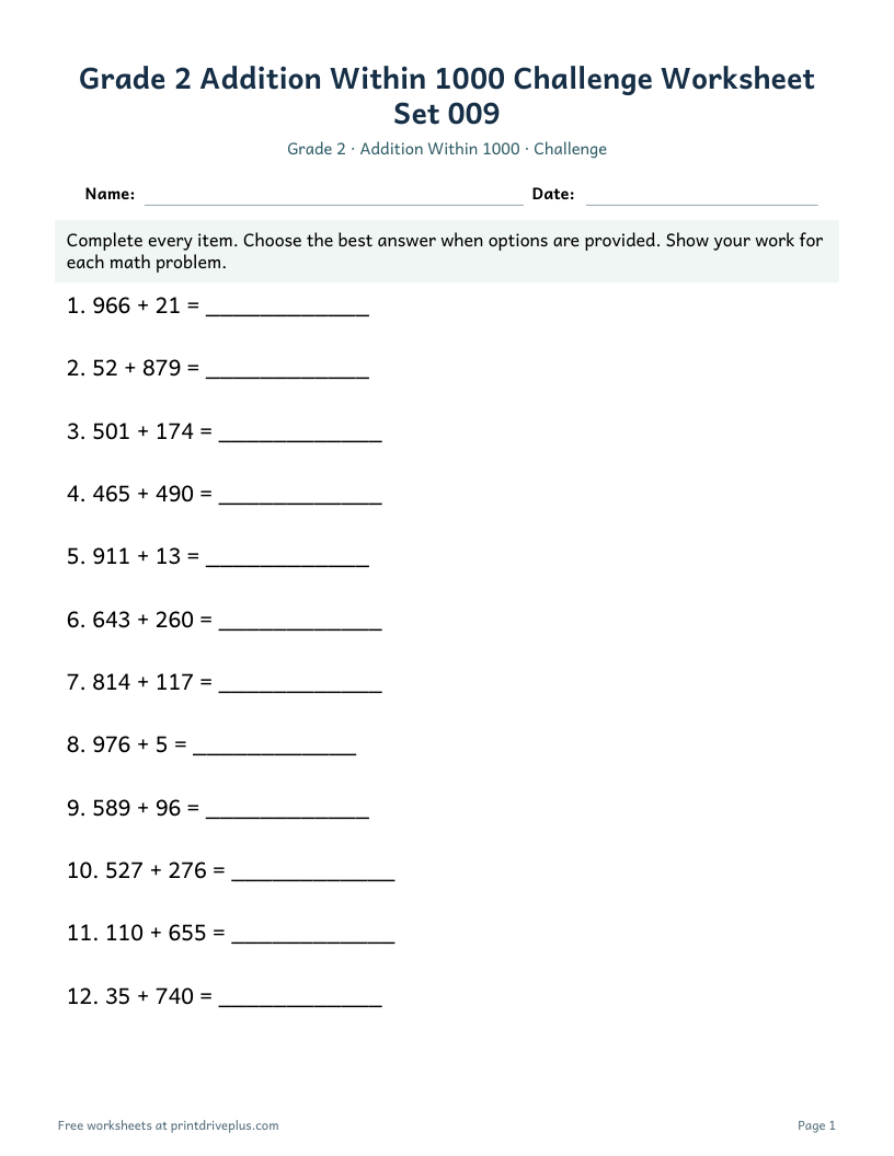 Preview of Grade 2 Addition Within 1000 Challenge Worksheet Set 009