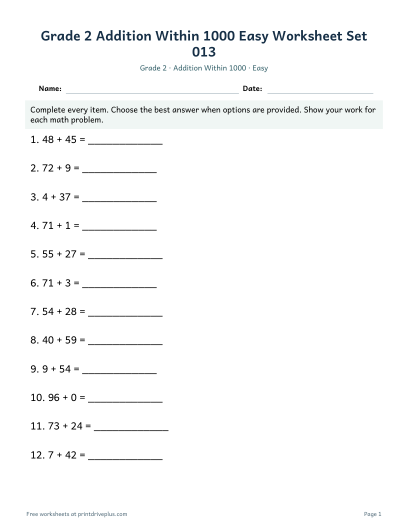 Preview of Grade 2 Addition Within 1000 Easy Worksheet Set 013