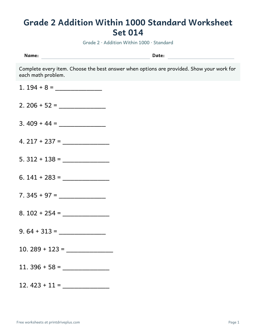 Preview of Grade 2 Addition Within 1000 Standard Worksheet Set 014