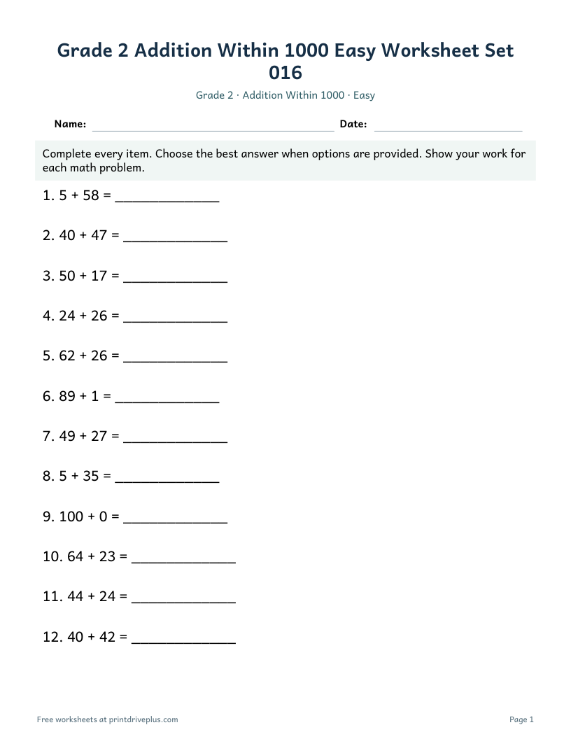 Preview of Grade 2 Addition Within 1000 Easy Worksheet Set 016