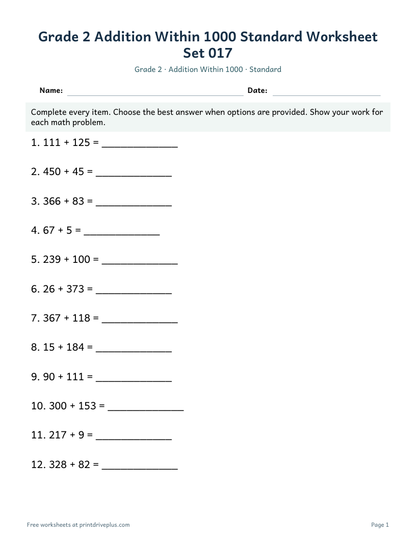 Preview of Grade 2 Addition Within 1000 Standard Worksheet Set 017