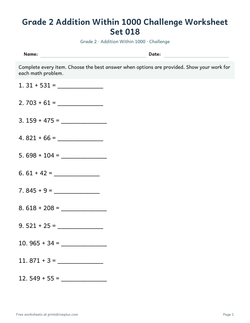 Preview of Grade 2 Addition Within 1000 Challenge Worksheet Set 018