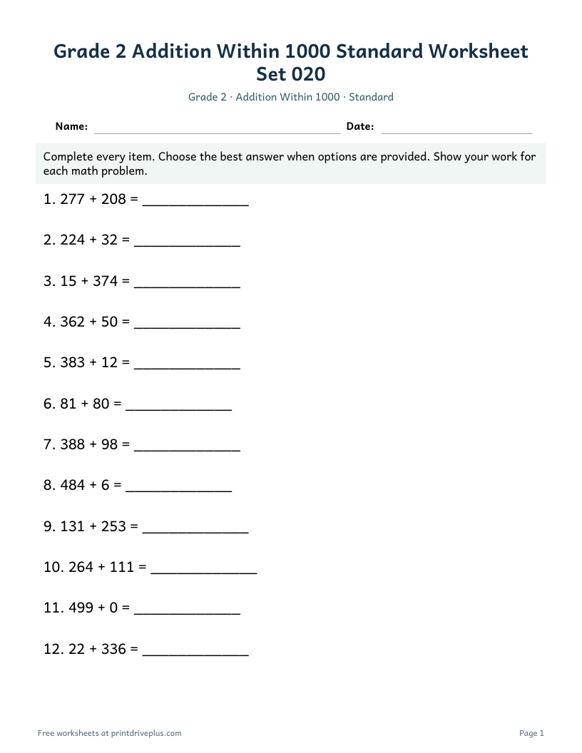 Preview of Grade 2 Addition Within 1000 Standard Worksheet Set 020