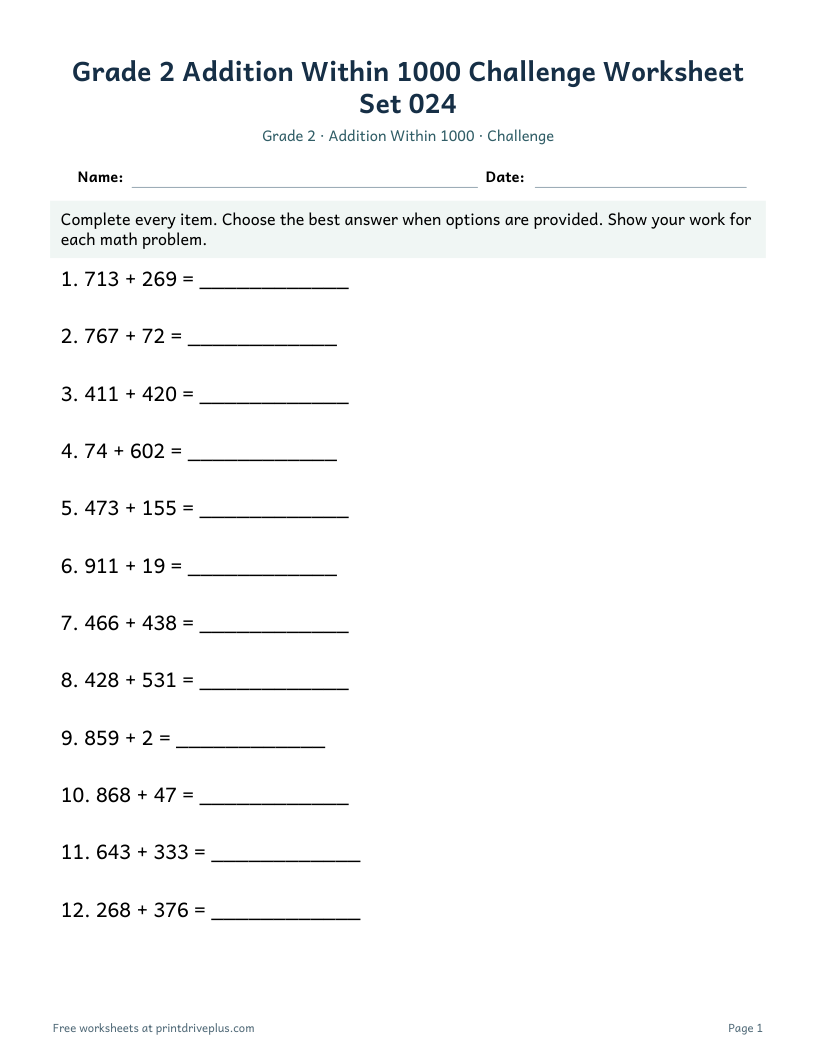 Preview of Grade 2 Addition Within 1000 Challenge Worksheet Set 024