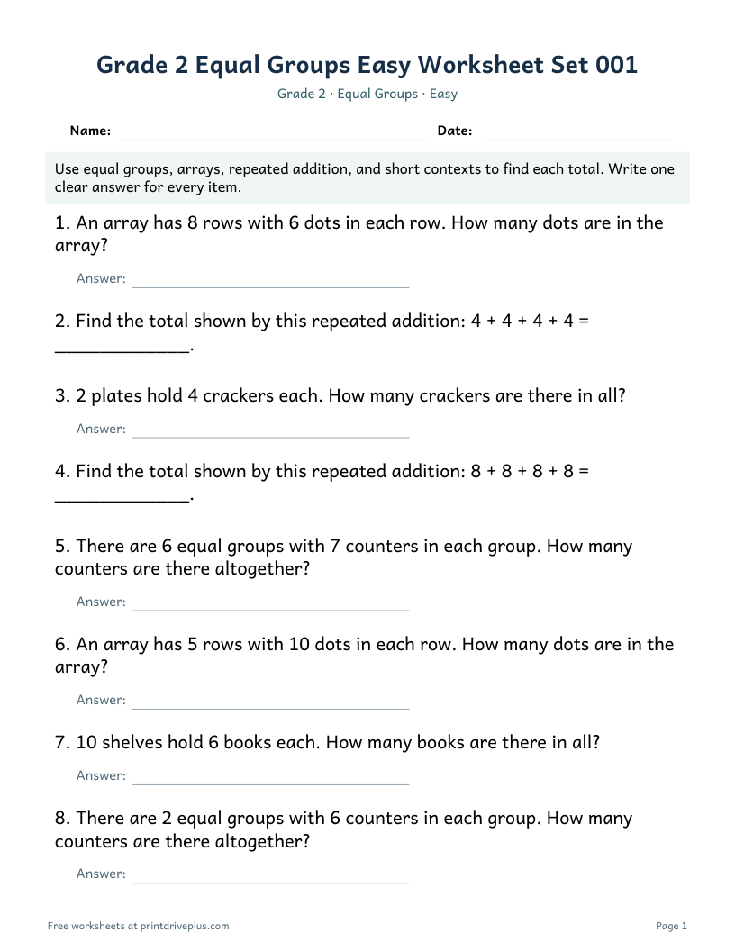 Preview of Grade 2 Equal Groups Easy Worksheet Set 001