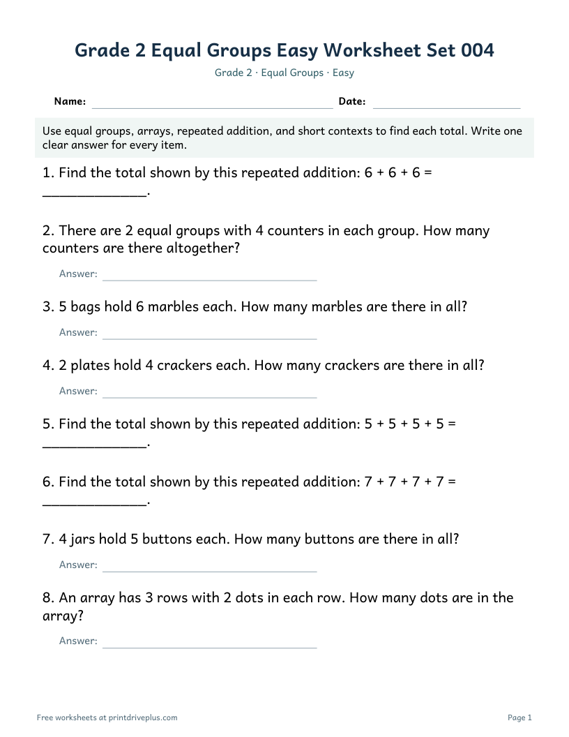 Preview of Grade 2 Equal Groups Easy Worksheet Set 004