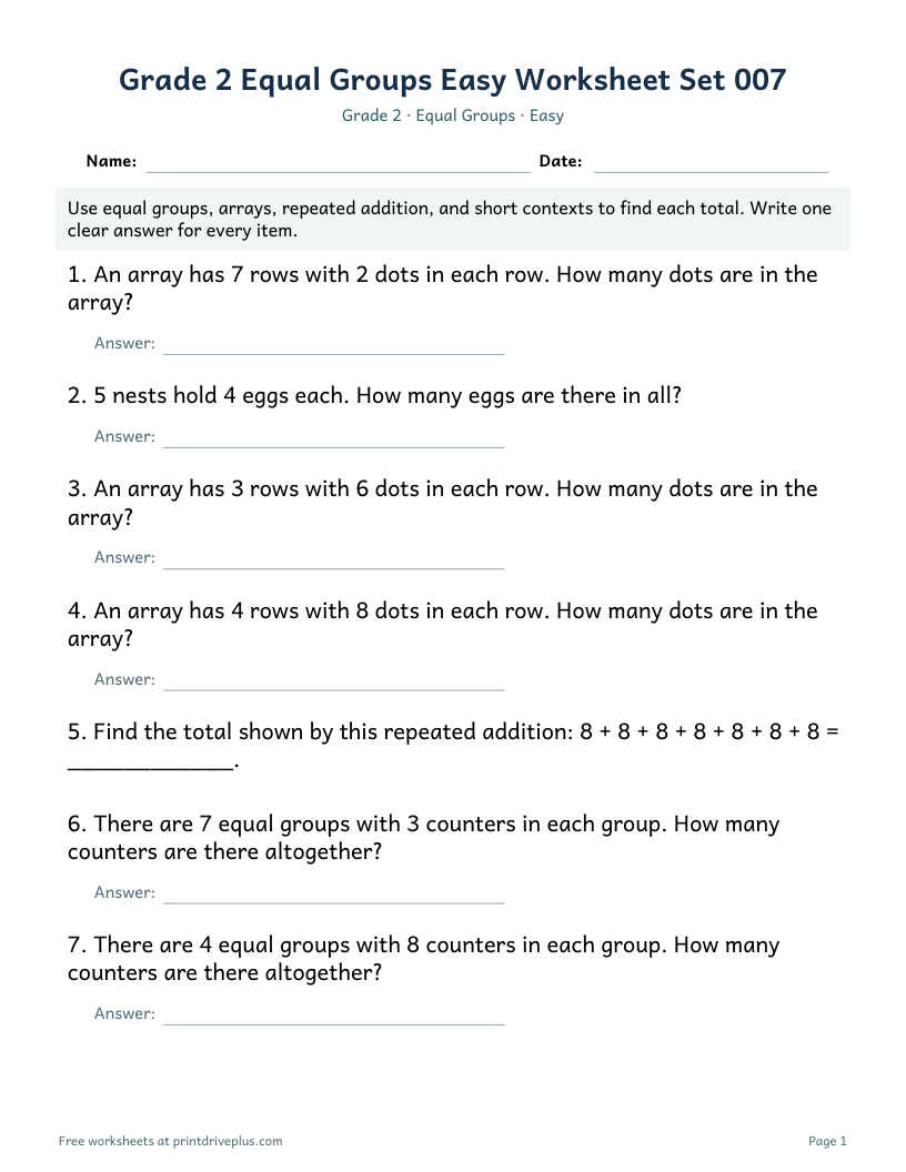 Preview of Grade 2 Equal Groups Easy Worksheet Set 007