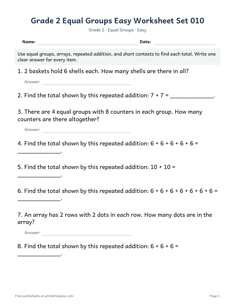Preview of Grade 2 Equal Groups Easy Worksheet Set 010