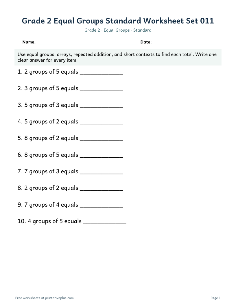 Preview of Grade 2 Equal Groups Standard Worksheet Set 011