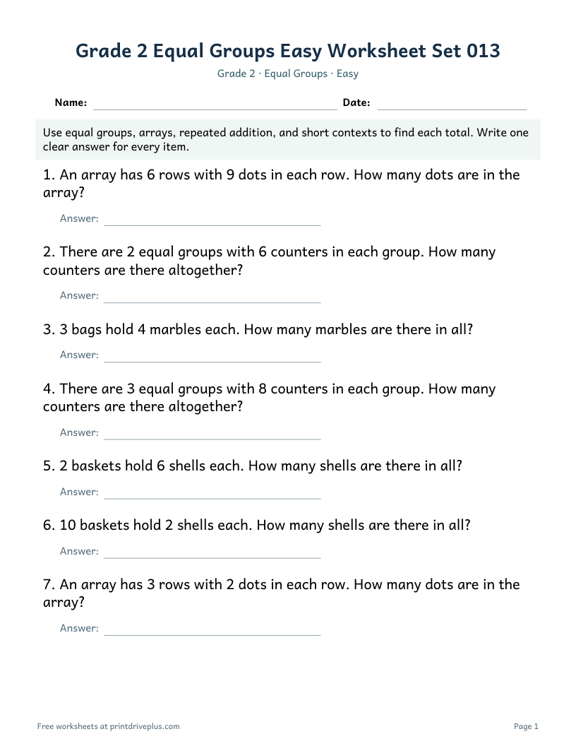 Preview of Grade 2 Equal Groups Easy Worksheet Set 013