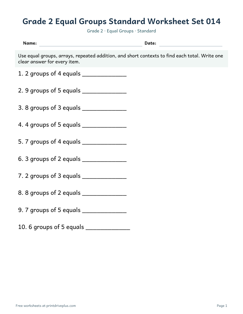Preview of Grade 2 Equal Groups Standard Worksheet Set 014