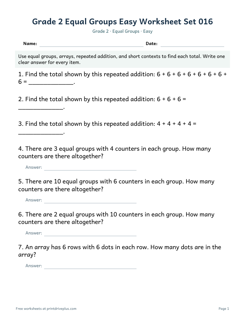 Preview of Grade 2 Equal Groups Easy Worksheet Set 016
