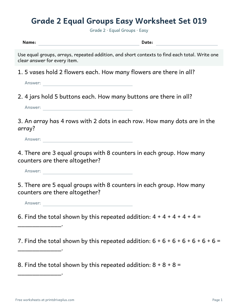 Preview of Grade 2 Equal Groups Easy Worksheet Set 019