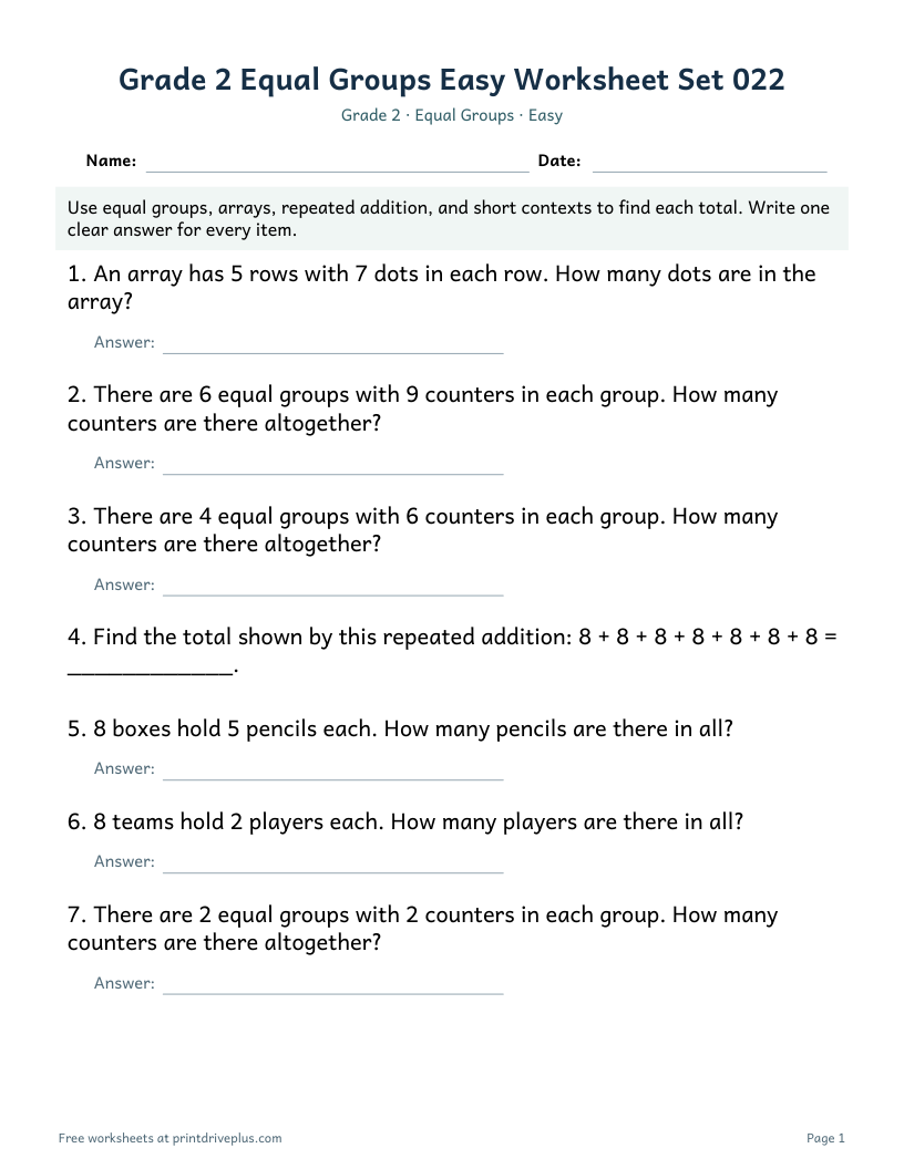 Preview of Grade 2 Equal Groups Easy Worksheet Set 022