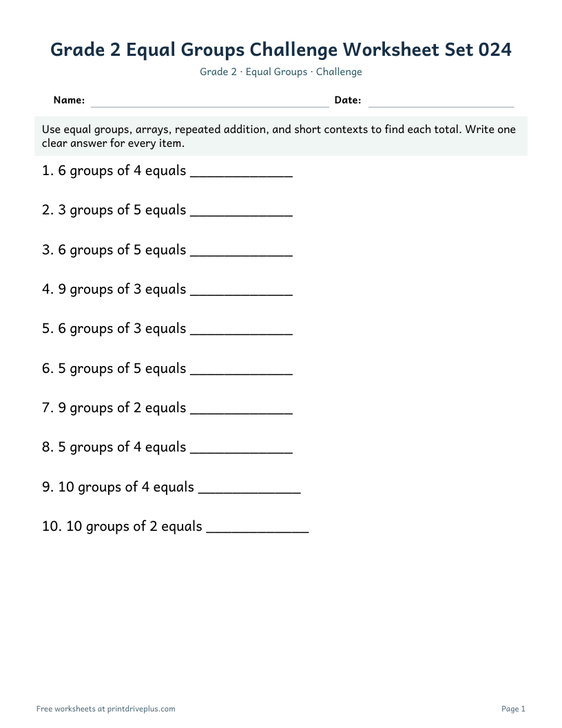 Preview of Grade 2 Equal Groups Challenge Worksheet Set 024