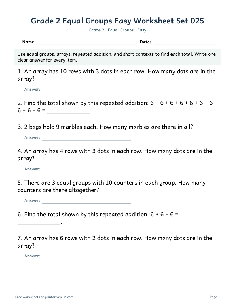 Preview of Grade 2 Equal Groups Easy Worksheet Set 025